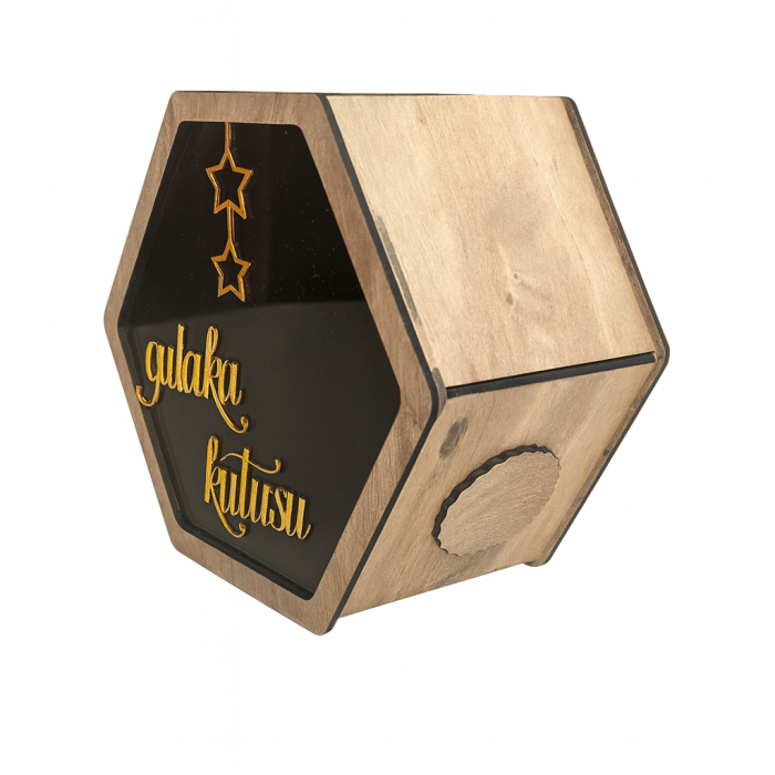 Ahşap Pleksi Camlı Altıgen Sadaka Kutusu – Lüks Tasarım Bağış ve Bahşiş Kumbarası