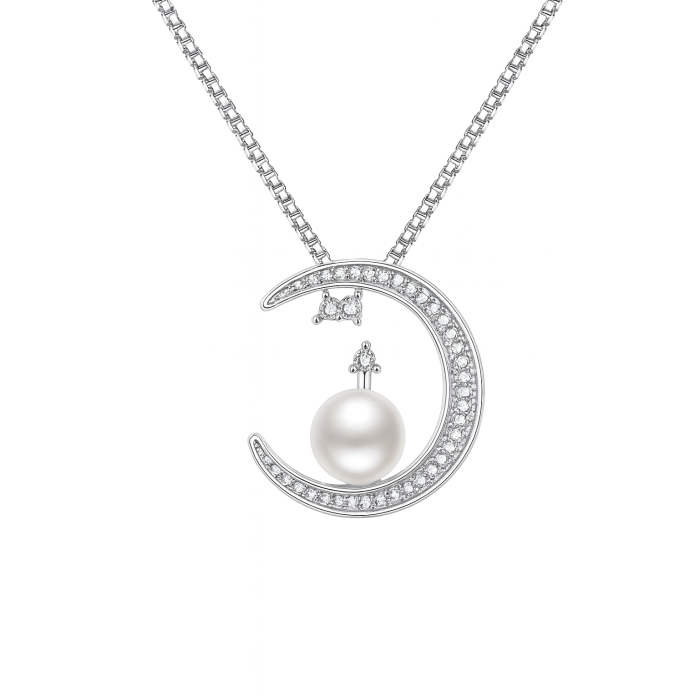 925 Ayar Gümüş Üzeri 14 Ayar Rose Altın Kaplama İnci ve Taşlı Ay Figürlü Kadın Kolye