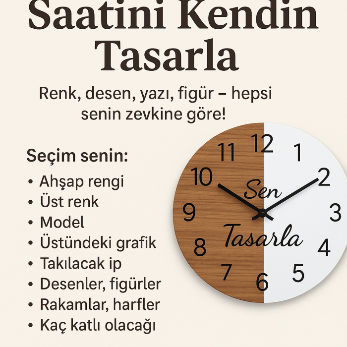 Kişiye Özel Ahşap Duvar Saati – Saatini Kendin Tasarla | İsimli, Desenli, Renkli, Pleksi Seçenekli