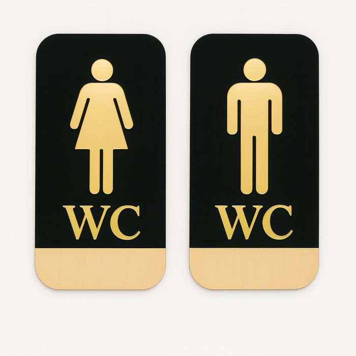 Ahşap Gold Pleksi WC Kapı Tabelası Seti – Bay Bayan Tuvalet İşareti – Akçaağaç ve Siyah Zemin