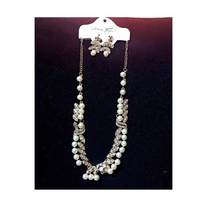 14K Altın Kaplama Nişan Kına Düğün İnci ve Zirkon Taşlı Kolye Küpe Kadın Takı Seti Hediyelik