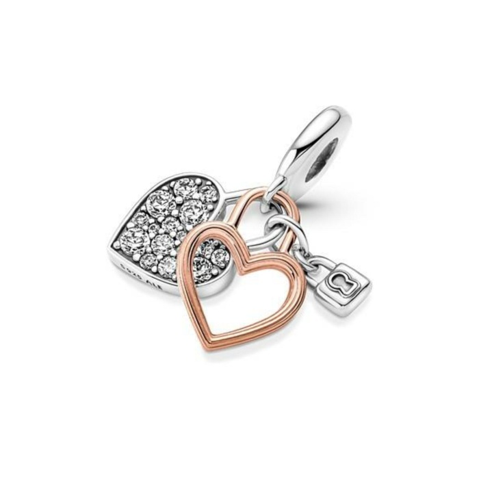 925 Ayar Gümüş Bileklik İçin Kalp ve Kilit Çift Sallantılı Charm
