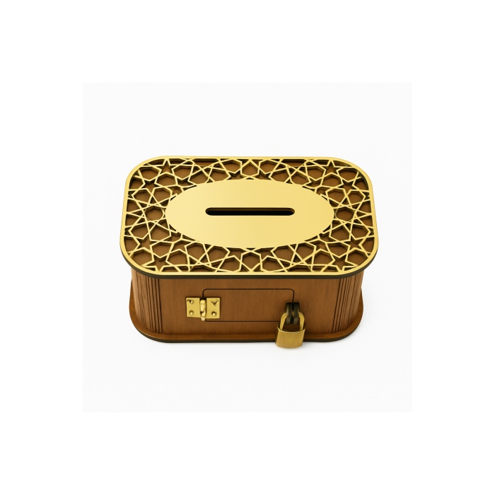 Kilitli Ahşap Bahşiş Kutusu Tip Box Aynalı Gold Pleksi Kaplamalı Dekoratif Kumbara
