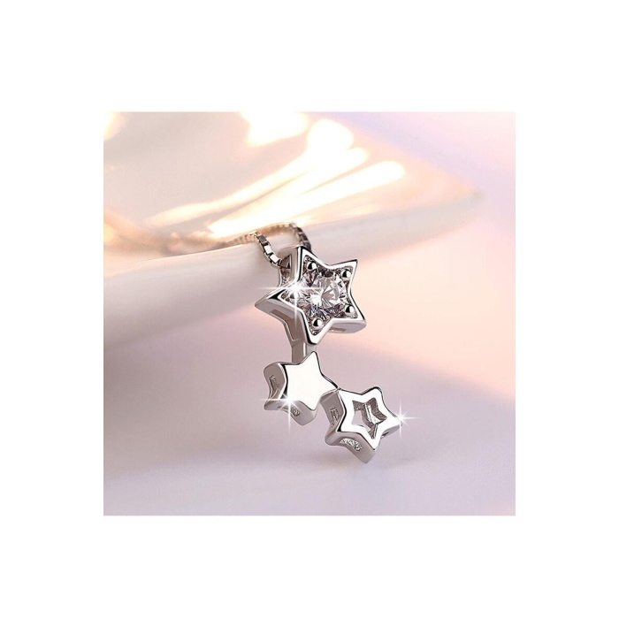 925 Ayar Zirkon Taşlı Yıldız Figürlü Gümüş Kolye Küpe Seti Hediyelik