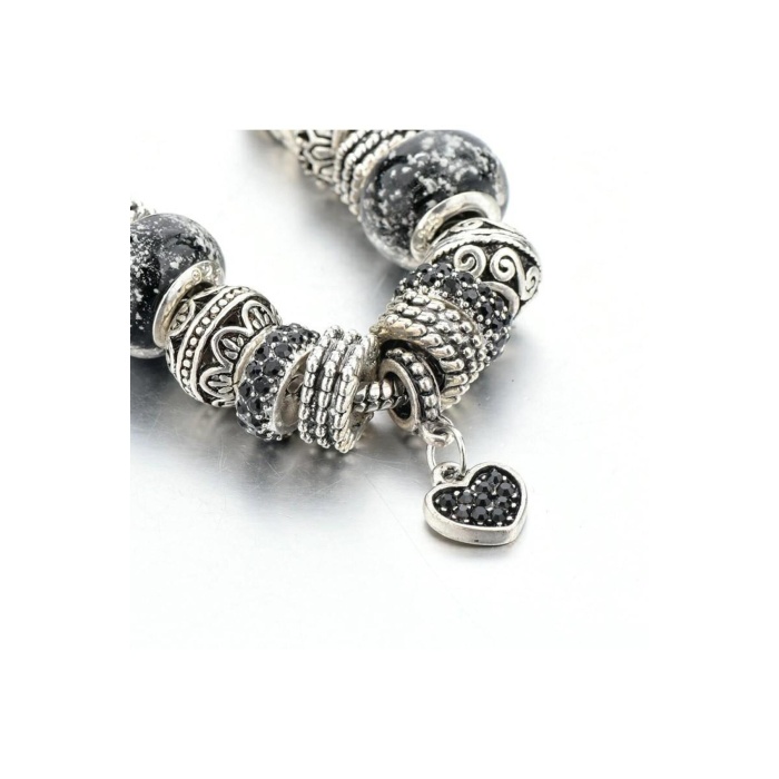Avusturya Kristali Siyah Kalp Charm Bileklik