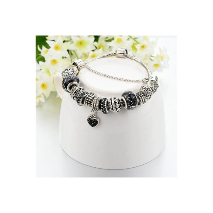 Avusturya Kristali Siyah Kalp Charm Bileklik