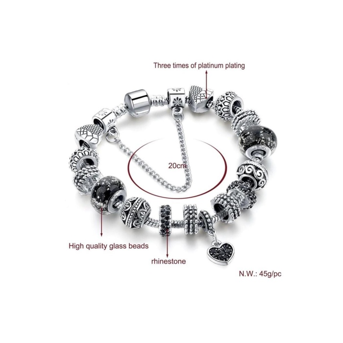 Avusturya Kristali Siyah Kalp Charm Bileklik