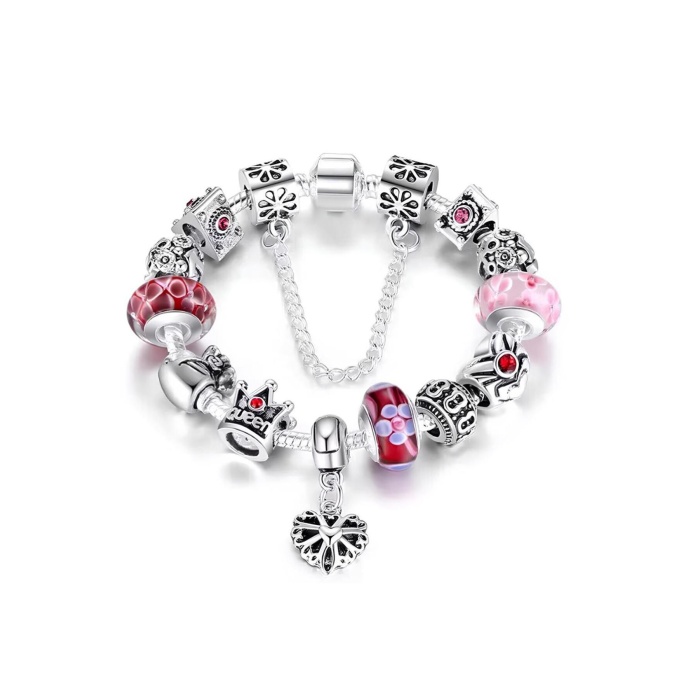 14K Beyaz Altın Kaplama Avusturya Kristali Kalp Detaylı Pembe Quenn Charmlı Kadın Bileklik-20Cm