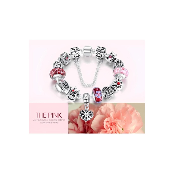 14K Beyaz Altın Kaplama Avusturya Kristali Kalp Detaylı Pembe Quenn Charmlı Kadın Bileklik-20Cm