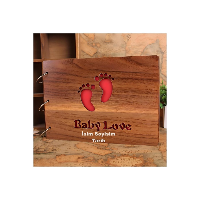 Kişiye Özel Isimli Ahşap Kapaklı Baby Love Temalı Kendin Yap Fotoğraf Albümü Hediyelik