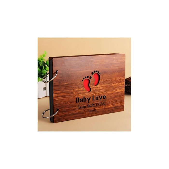 Kişiye Özel Isimli Ahşap Kapaklı Baby Love Temalı Kendin Yap Fotoğraf Albümü Hediyelik
