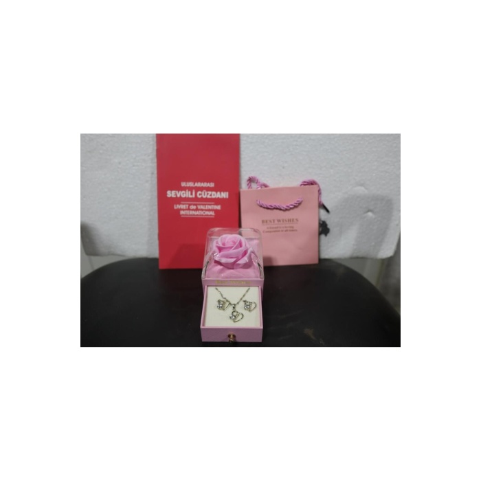 925 Ayar Gümüş Kalp İçinde Zirkon Taşlı Kolye Küpe Seti Sevgili Cüzdanı Sevgililer Günü Hediyelik