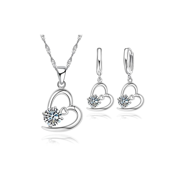 925 Ayar Gümüş Kalp İçinde Zirkon Taşlı Kolye Küpe Seti Sevgili Cüzdanı Sevgililer Günü Hediyelik