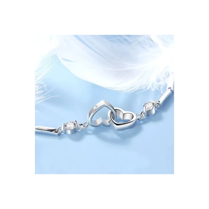 925 Ayar Gümüş Boyu Ayarlanabilir Kübik Zirkon Taşlı Çift Kalp Bileklik Sevgililer Günü Hediyelik