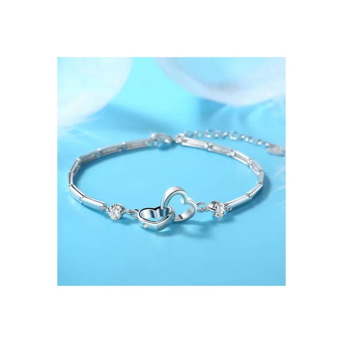 925 Ayar Gümüş Boyu Ayarlanabilir Kübik Zirkon Taşlı Çift Kalp Bileklik Sevgililer Günü Hediyelik