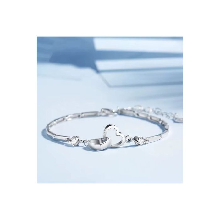 925 Ayar Gümüş Boyu Ayarlanabilir Kübik Zirkon Taşlı Çift Kalp Bileklik Sevgililer Günü Hediyelik