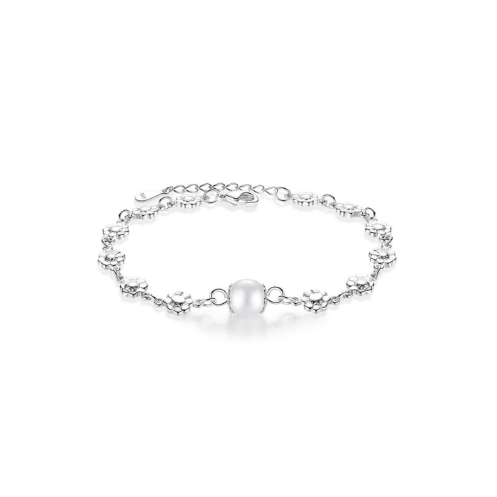 925 Ayar Ayarlanabilir Çiçek Tek İnci Tasarım Kadın Gümüş Bileklik