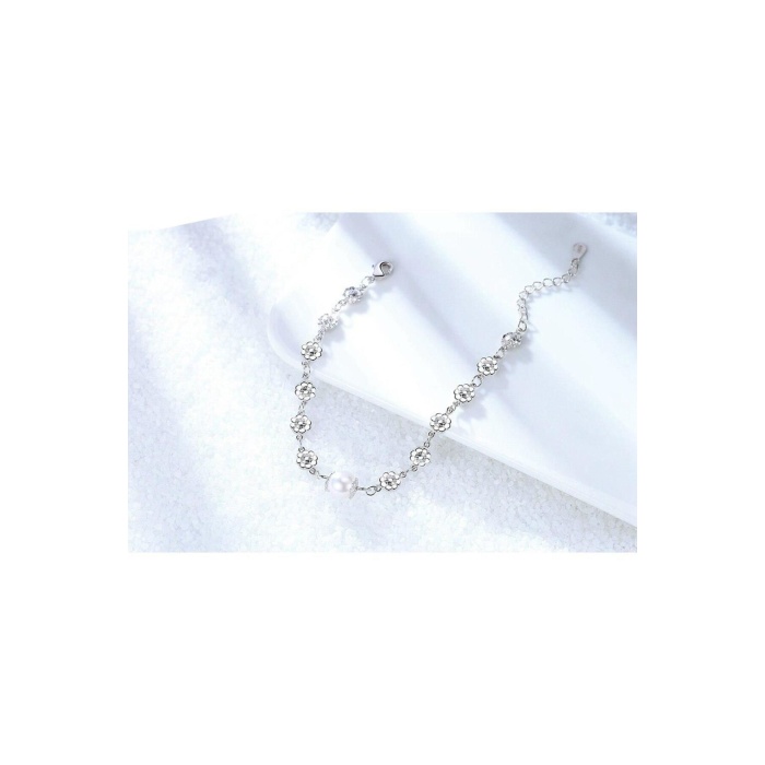 925 Ayar Ayarlanabilir Çiçek Tek İnci Tasarım Kadın Gümüş Bileklik