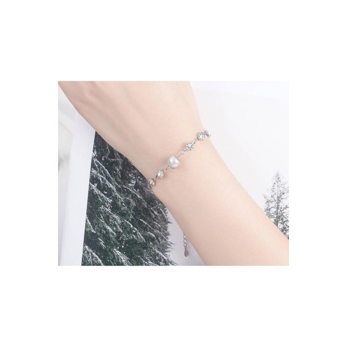 925 Ayar Ayarlanabilir Çiçek Tek İnci Tasarım Kadın Gümüş Bileklik