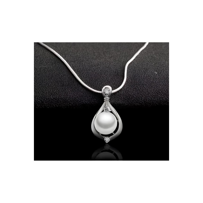 925 Ayar Zincirli Damla Tasarım İnci Taşlı Gümüş Kaplama Kadın Kolye Hediyelik