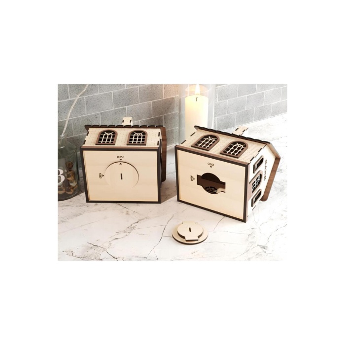 Kilitli Ahşap Ev Kumbara & Tip Box - Banka Görünümlü Bahşiş Kutusu Cafe Restoran Para Sandığı