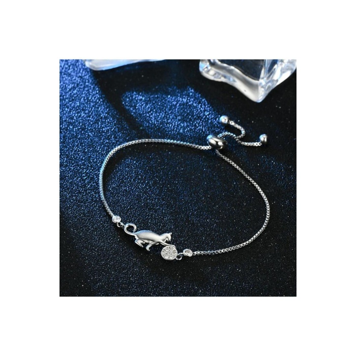 925 Ayar Asansörlü Boyu Ayarlanabilir Kedi Figürlü Taşlı Gümüş Bileklik