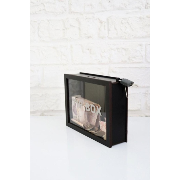 Ahşap Önü Şeffaf Pleksili Özel Yapım Kilitli Siyah Tip Box Kumbara