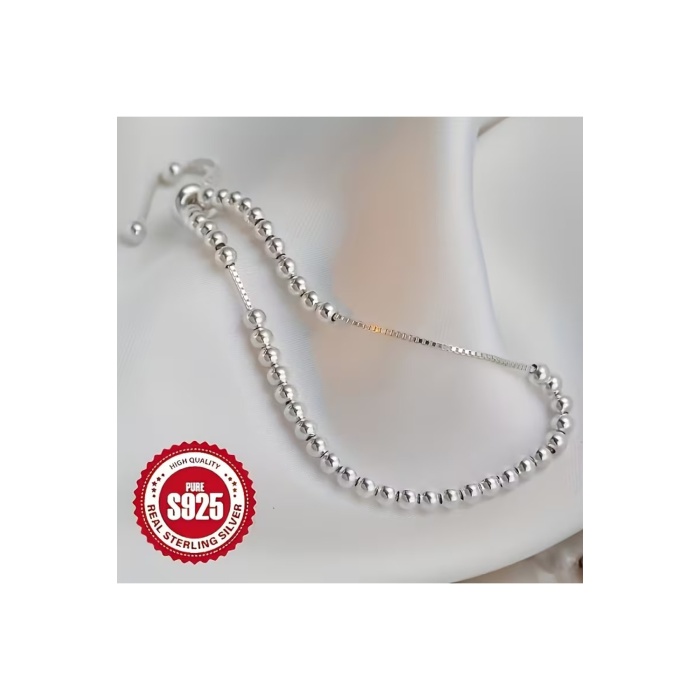 925 Ayar Gümüş Boncuklu Ayarlanabilir Kadın Bileklik Minimal Küre Zincir Bileklik