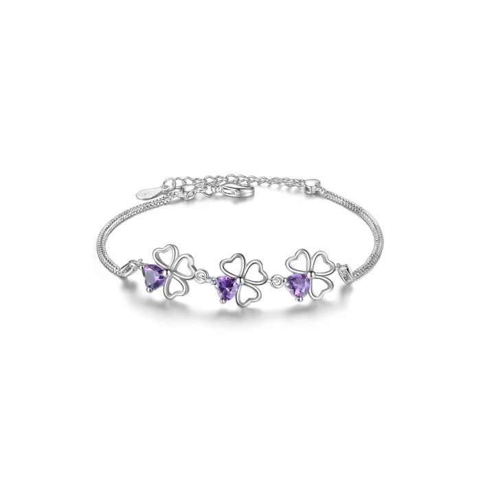 925 Ayar Gümüş Yonca Figürlü Kalpli Mor Taşlı Kadın Bileklik Sevgililer Günü Sevgiliye Hediyelik