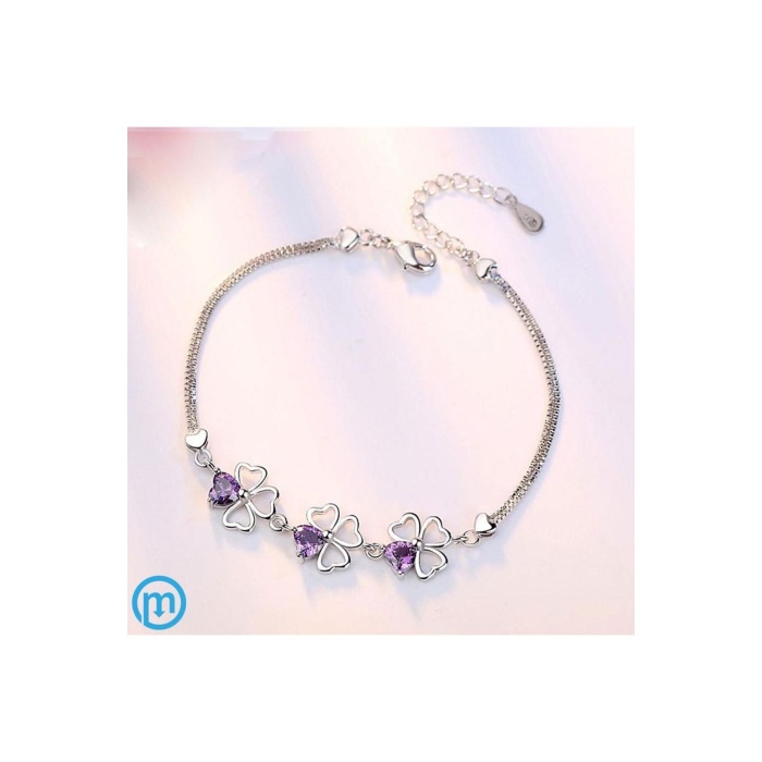 925 Ayar Gümüş Yonca Figürlü Kalpli Mor Taşlı Kadın Bileklik Sevgililer Günü Sevgiliye Hediyelik