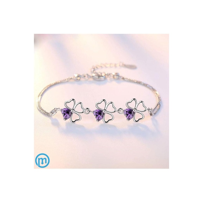 925 Ayar Gümüş Yonca Figürlü Kalpli Mor Taşlı Kadın Bileklik Sevgililer Günü Sevgiliye Hediyelik
