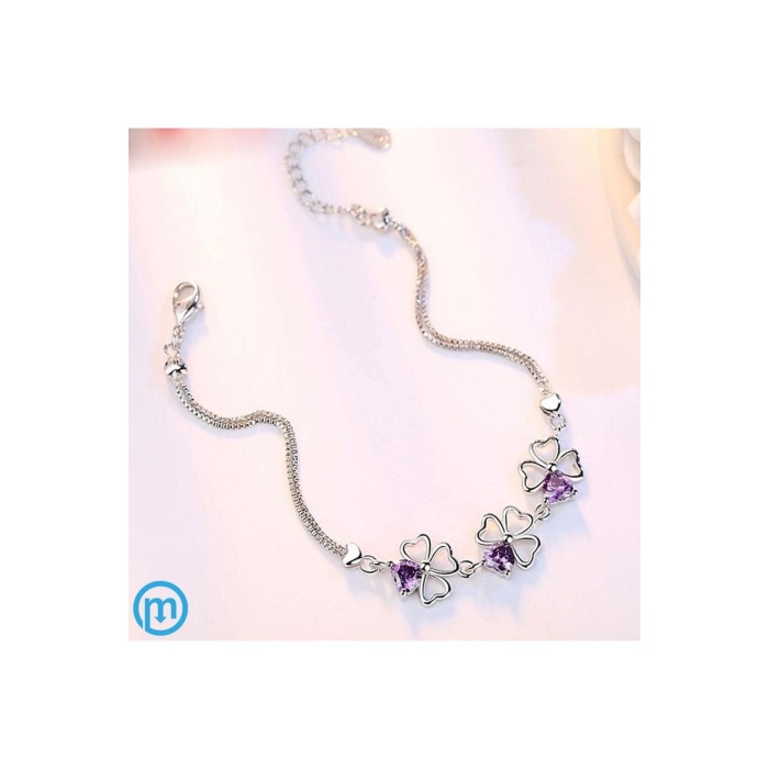 925 Ayar Gümüş Yonca Figürlü Kalpli Mor Taşlı Kadın Bileklik Sevgililer Günü Sevgiliye Hediyelik