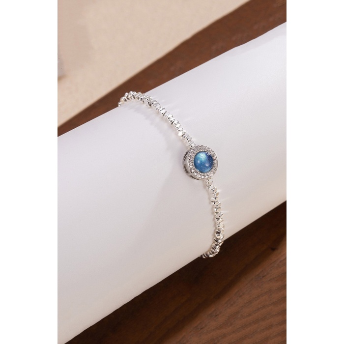925 Ayar Gümüş Mavi Taşlı Kadın Bileklik - Zirkon Taş Çerçeveli Ayarlanabilir Şık Tasarım Takı