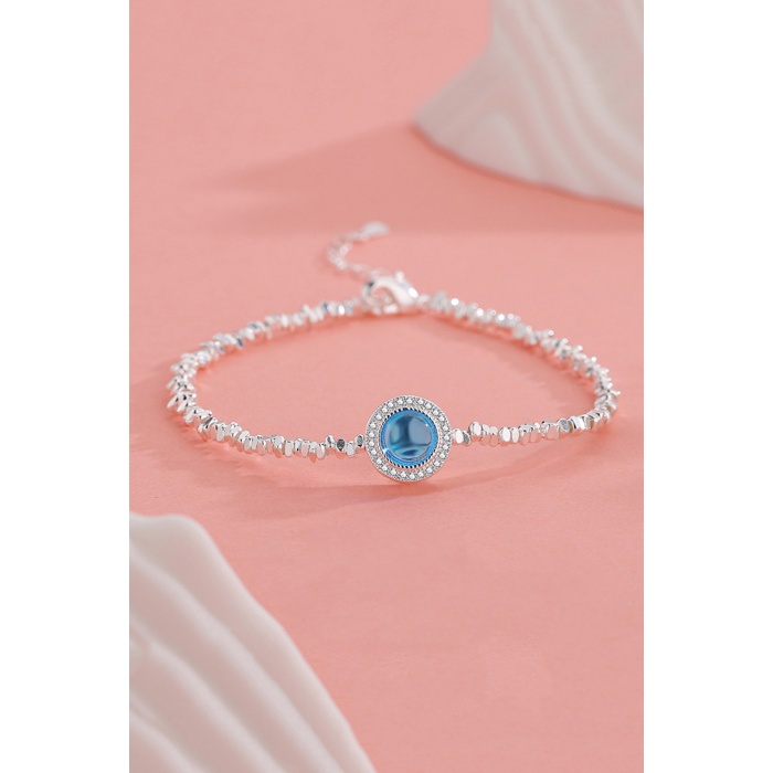 925 Ayar Gümüş Mavi Taşlı Kadın Bileklik - Zirkon Taş Çerçeveli Ayarlanabilir Şık Tasarım Takı