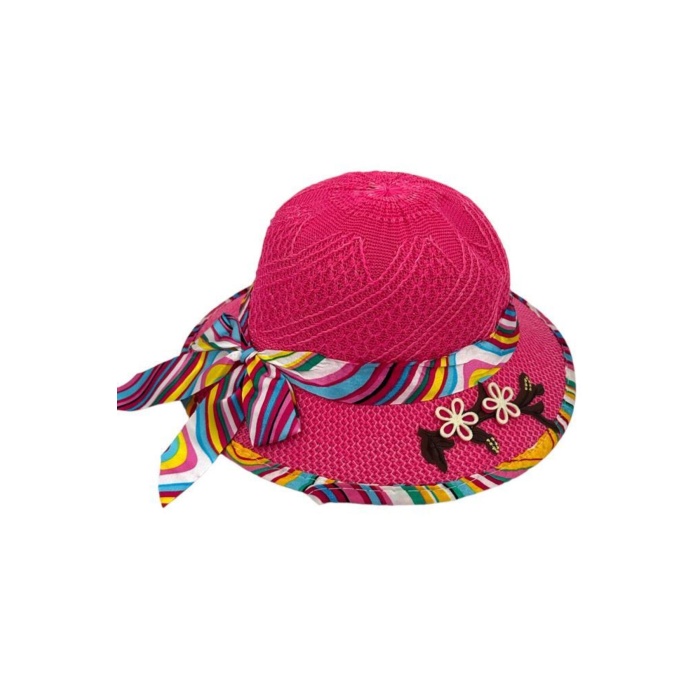 Kıds Kız Çocuk Şapkası Hasır Çiçek Figür Renkli Fiyonklu Model