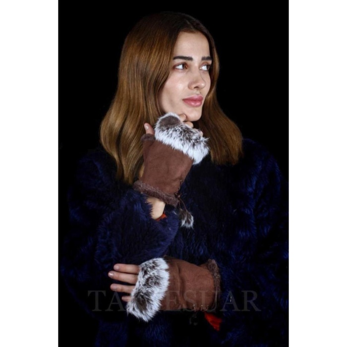 Kadın Eldiven Parmaksız Tasarım Kenarları Tüylü Model Ayarlanabilir Beden