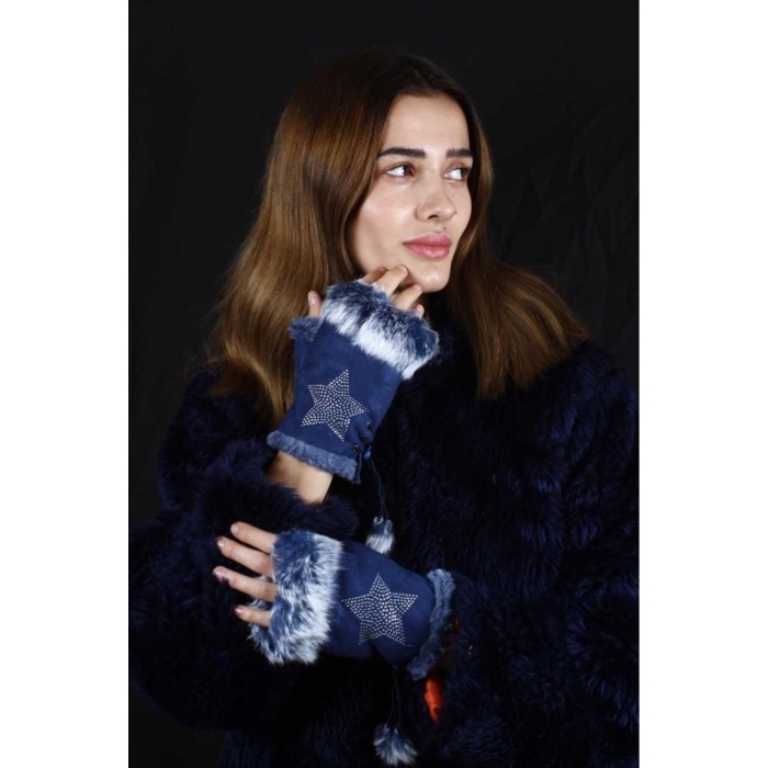 Parmaksız Tasarım Yıldız ve Parıltı Taşlı Kadın Eldiven Ayarlanır