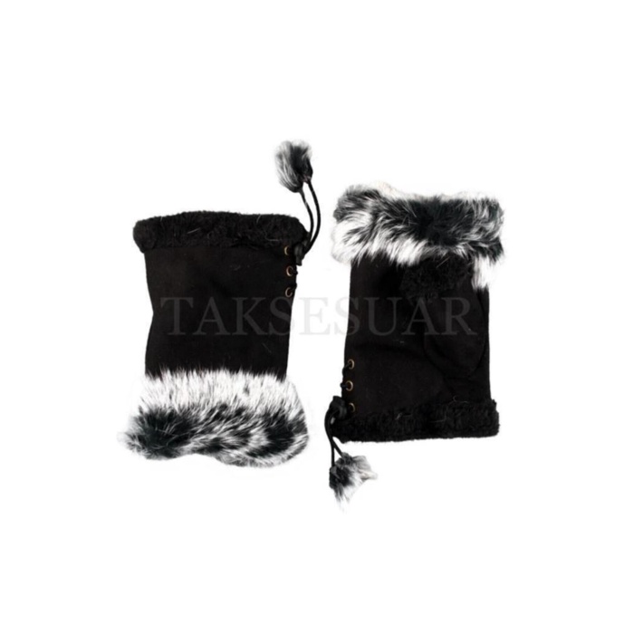 Kadın Eldiven Parmaksız Tasarım Kenarları Tüylü Model Ayarlanabilir Beden