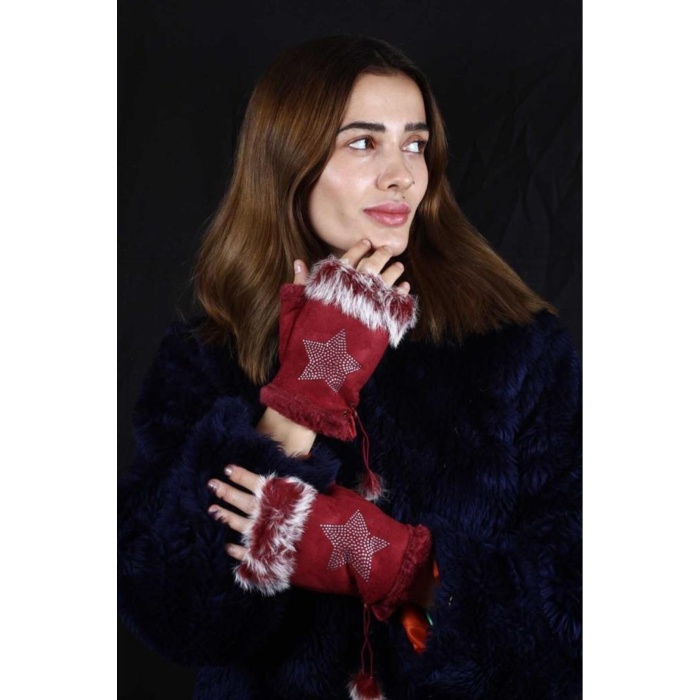 Parmaksız Tasarım Yıldız ve Parıltı Taşlı Kadın Eldiven Ayarlanır