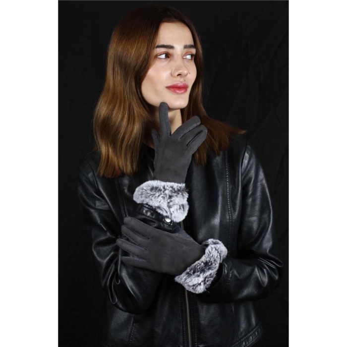 Kadın Eldiven Penye Dokunmatik Ekran Etrafı Tüylü Tasarım