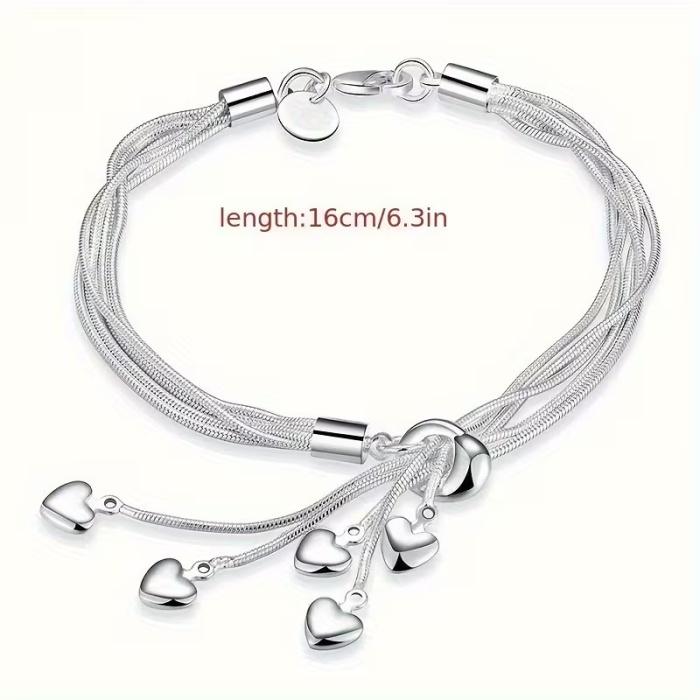 925 Ayar Gümüş Kalp Sallantılı Çoklu Zincir Kadın Bileklik | Ayarlanabilir Şık Sevgili Hediyesi