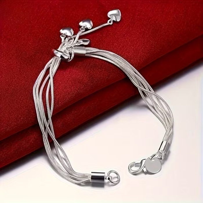 925 Ayar Gümüş Kalp Sallantılı Çoklu Zincir Kadın Bileklik | Ayarlanabilir Şık Sevgili Hediyesi
