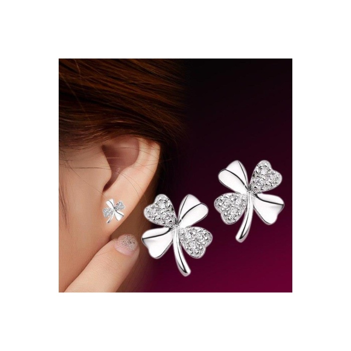 925 Ayar Taşlı 4 Yaprak Gümüş Bayan Yonca Küpe