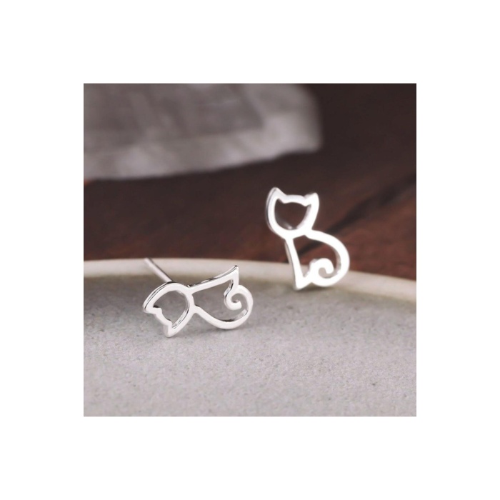 Gümüş Kaplama Simetri Kedi Kadın Saplama Küpe