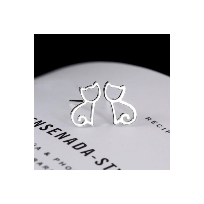 Gümüş Kaplama Simetri Kedi Kadın Saplama Küpe