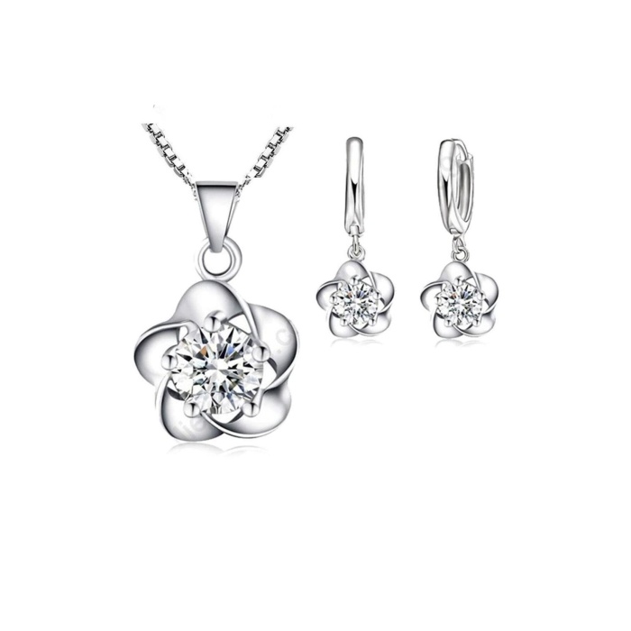 925 Ayar Gümüş Çiçek Kolye Kanca Küpe Seti Sevgiliye Hediye
