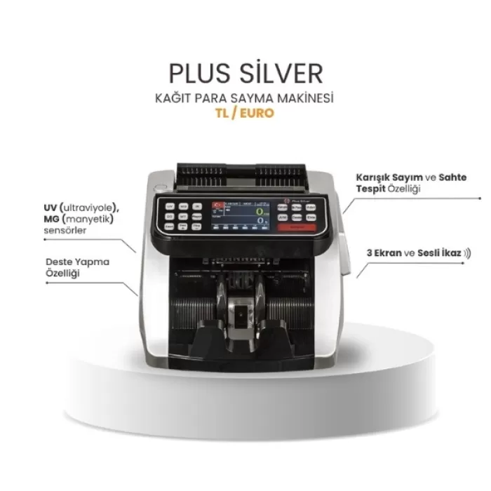 Plus Silver TL / EURO  Kağıt Para Sayma Makinesi - Gri / Siyah Renk