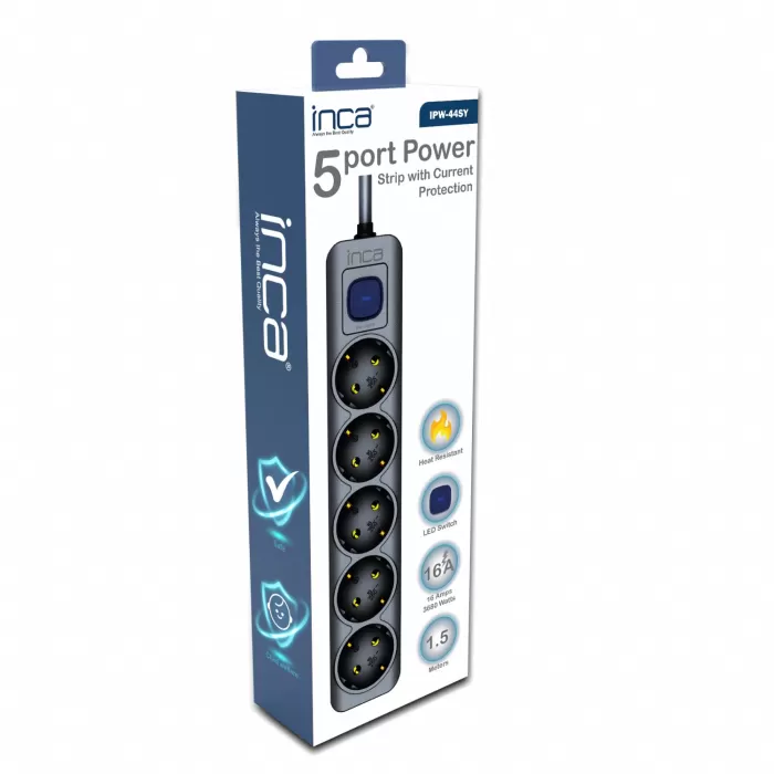 İnca IPW-44SY 5 Port Akım Korumalı Led Tuşlu Priz 1.5M - Siyah