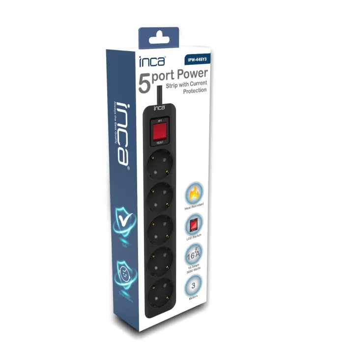 İnca IPW-44SY3 5 port Akım Korumalı Led Tuşlu Priz 3M - Siyah