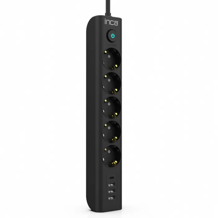 İnca IPW-44TU 5 port 2x USB+ Type-C Akım Korumalı Led Tuşlu  Priz 1.5M - Siyah